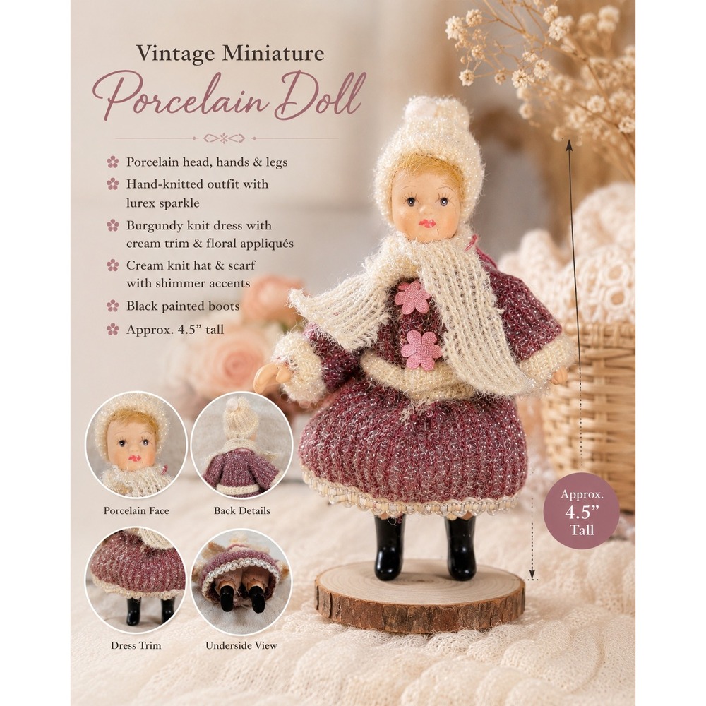 Vintage Miniature‎ Porcelain Doll Winter Outfit Maroon Knit Dress 4 Inch